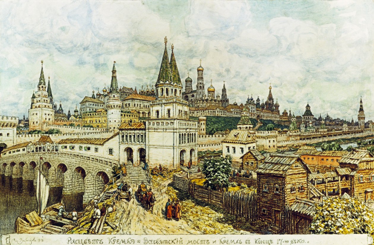 Apollinari Vasnetsov tarafından 17. yüzyılın sonlarında All-Azizler Köprüsü ve Moskova Kremlin