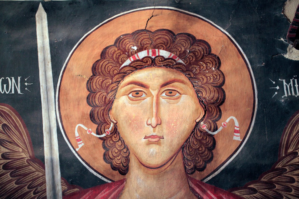 15. yüzyıldan Bizans freski (detay) Michael Archangel Duvar resmi Pedoulas Kıbrıs