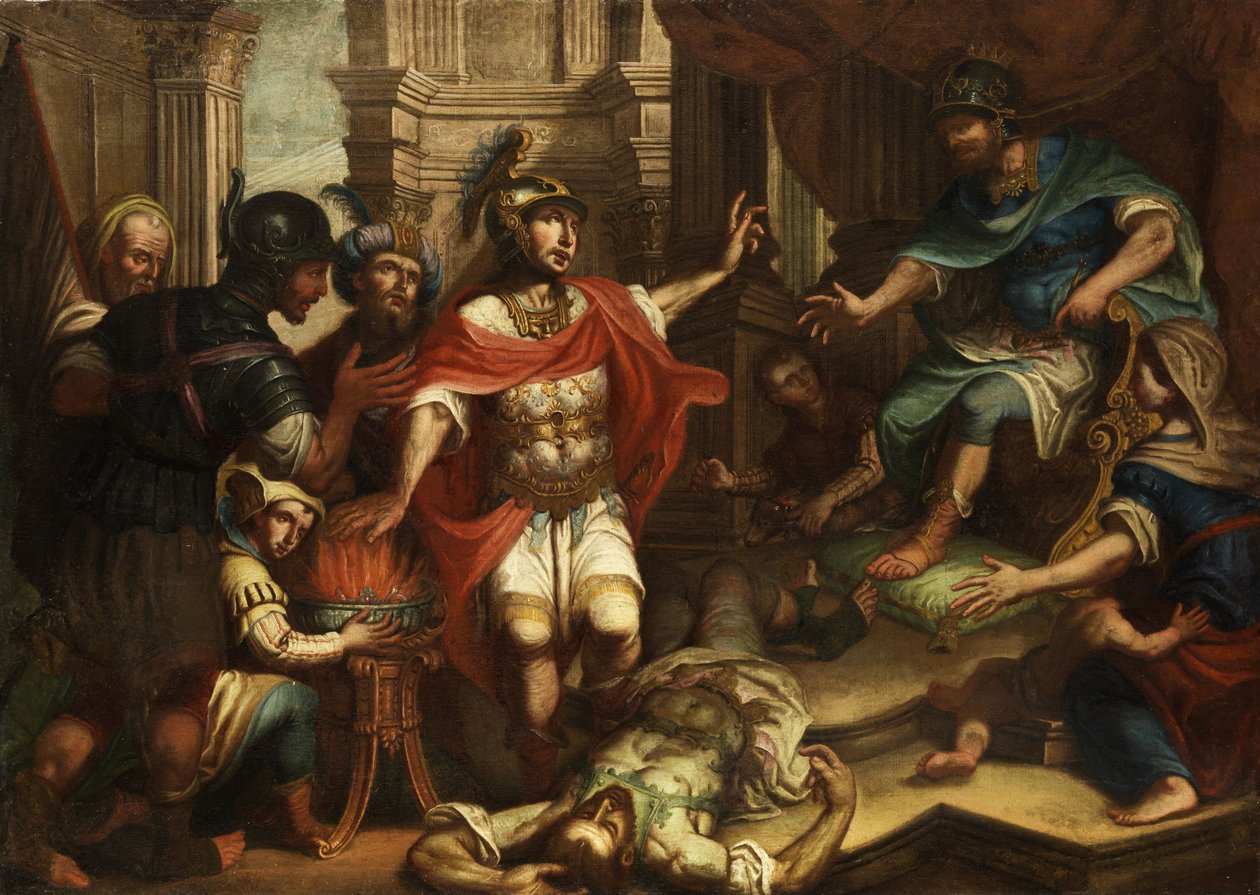 Scaevola elini ateşin üzerine koyuyor. by Unknown