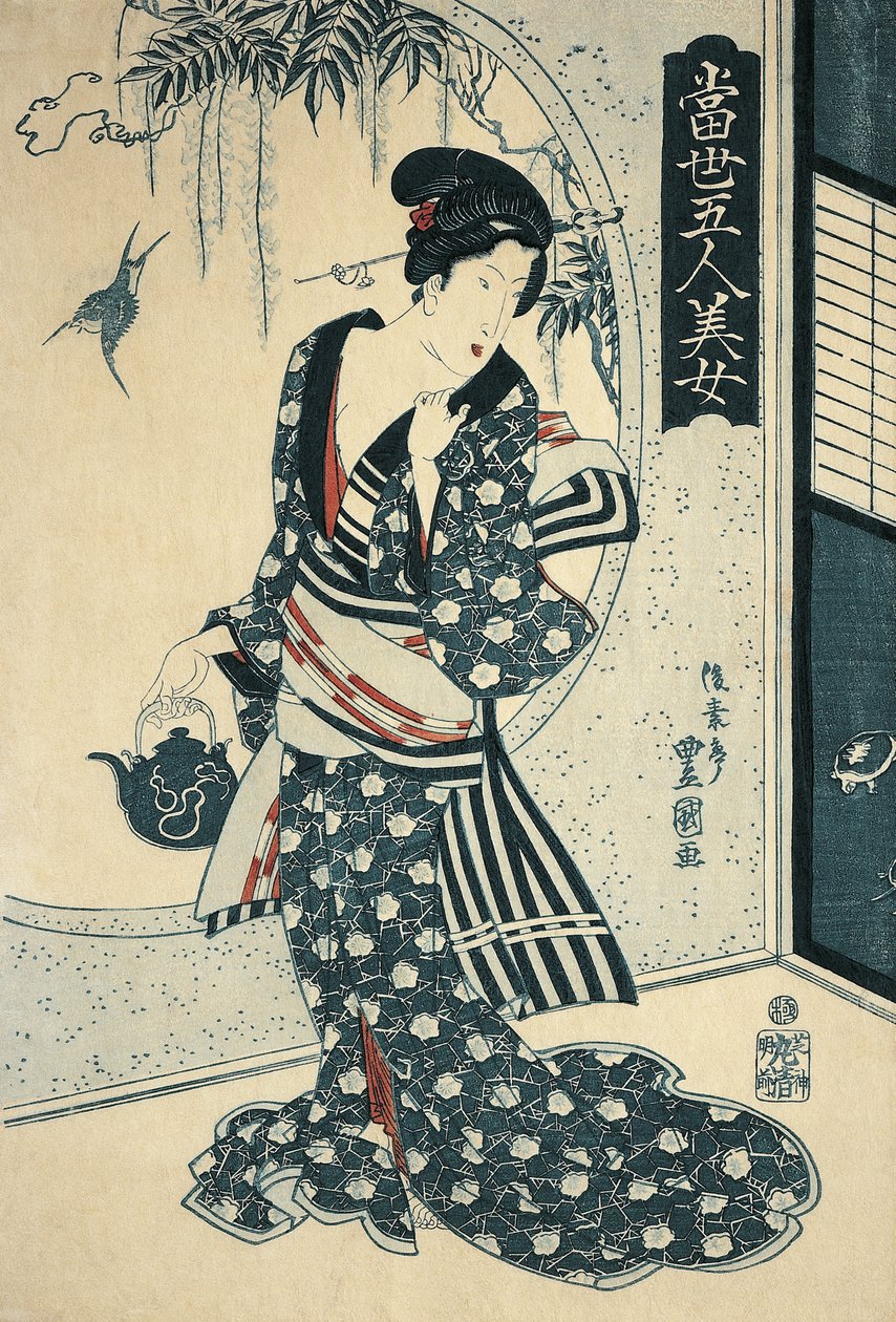 Bir çaydanlık tutan genç kadın by Toyokuni II