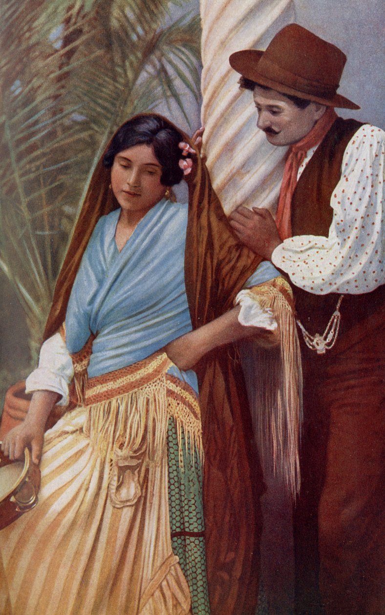 İspanya. Karakteristik giysiler içinde genç bir İspanyol çifti. 1920 by Unknown