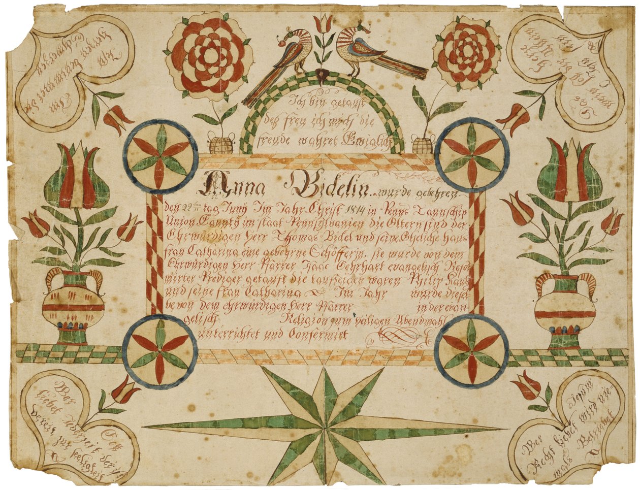 Doğum Belgesi, c. 1820-1830 (dokuma kağıt üzerine mürekkep ve sulu boya) by American School