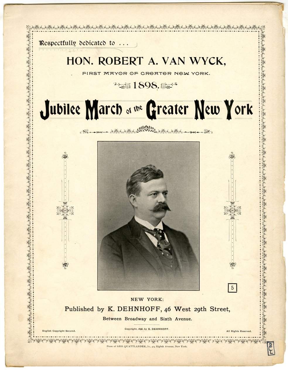 Jubilee March of Greater New York [notalar kapağı], 1898 (litografi [notalar kapağı]) by American School