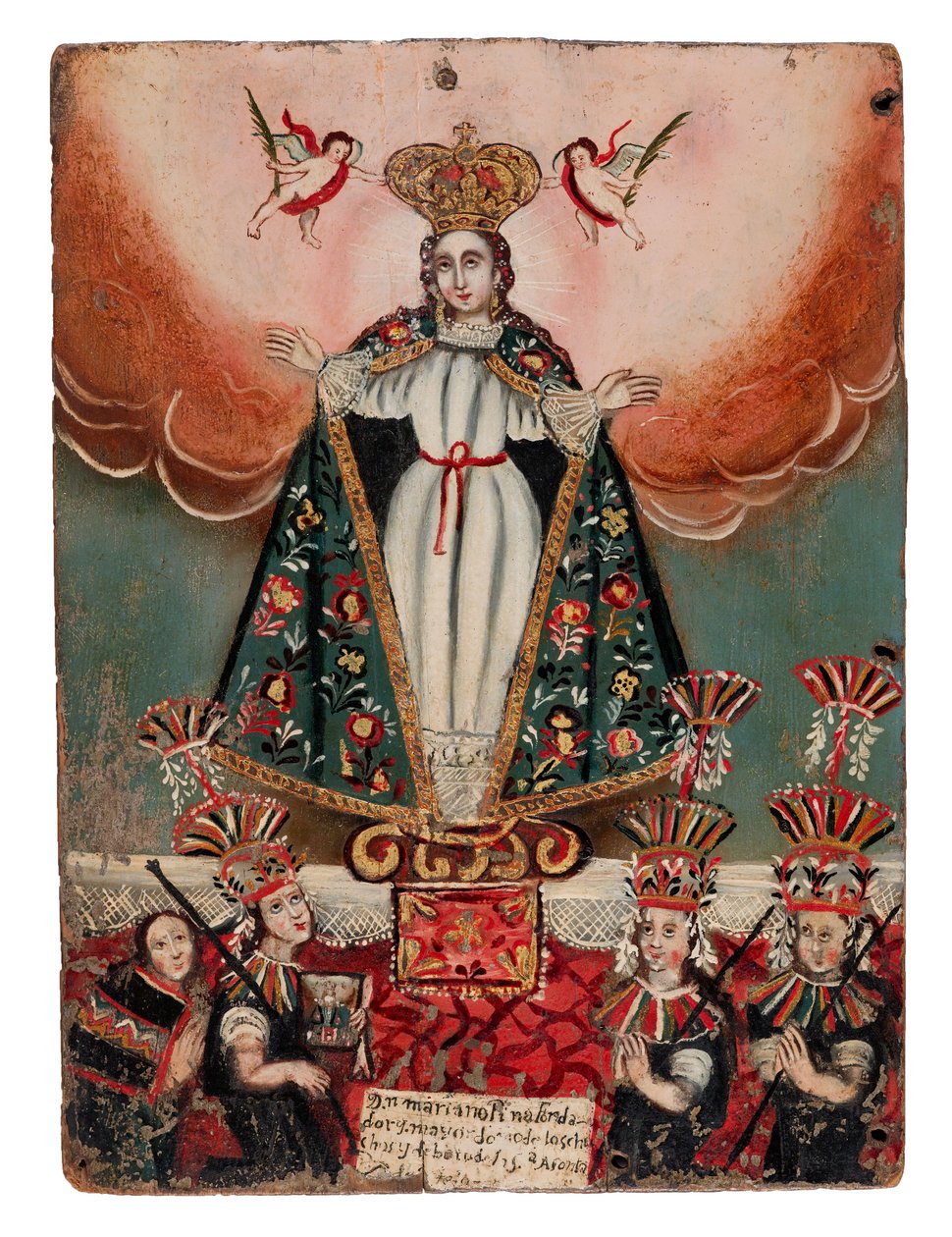 Hintli bağışçılarla Meryem Ana, 1752 (ahşap panel üzerine yağlı boya) by Bolivian School