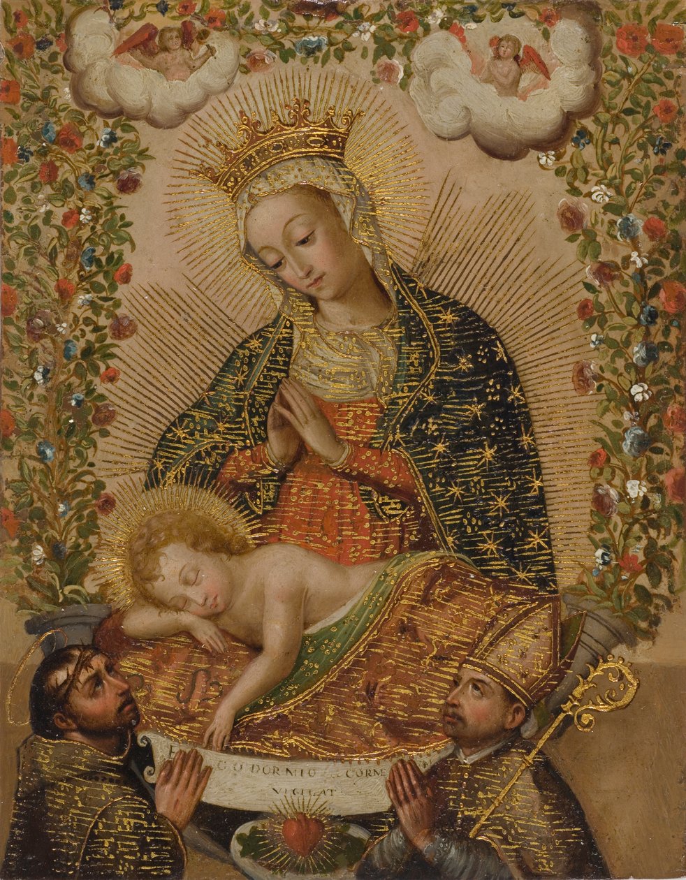 İki Aziz ile İsa Çocuğuna Tapan Bakire, 18. yüzyıl (bakır üzerine altın ile yağ) by Cuzco School