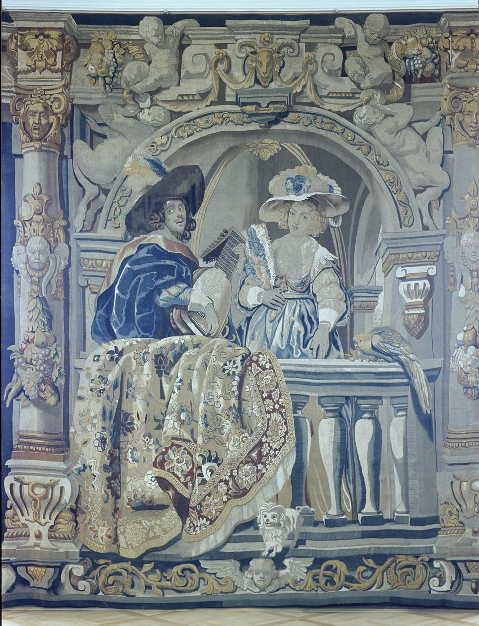 Balkonda bir bayan ve şövalye ile goblen (tekstil) by Flemish School