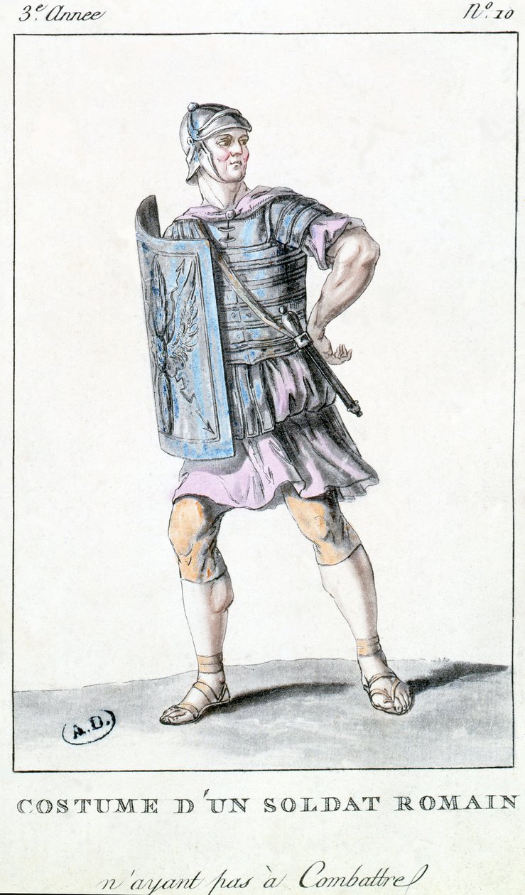 Romalı bir asker için tiyatro kostümü tasarımı (renkli gravür) by French School