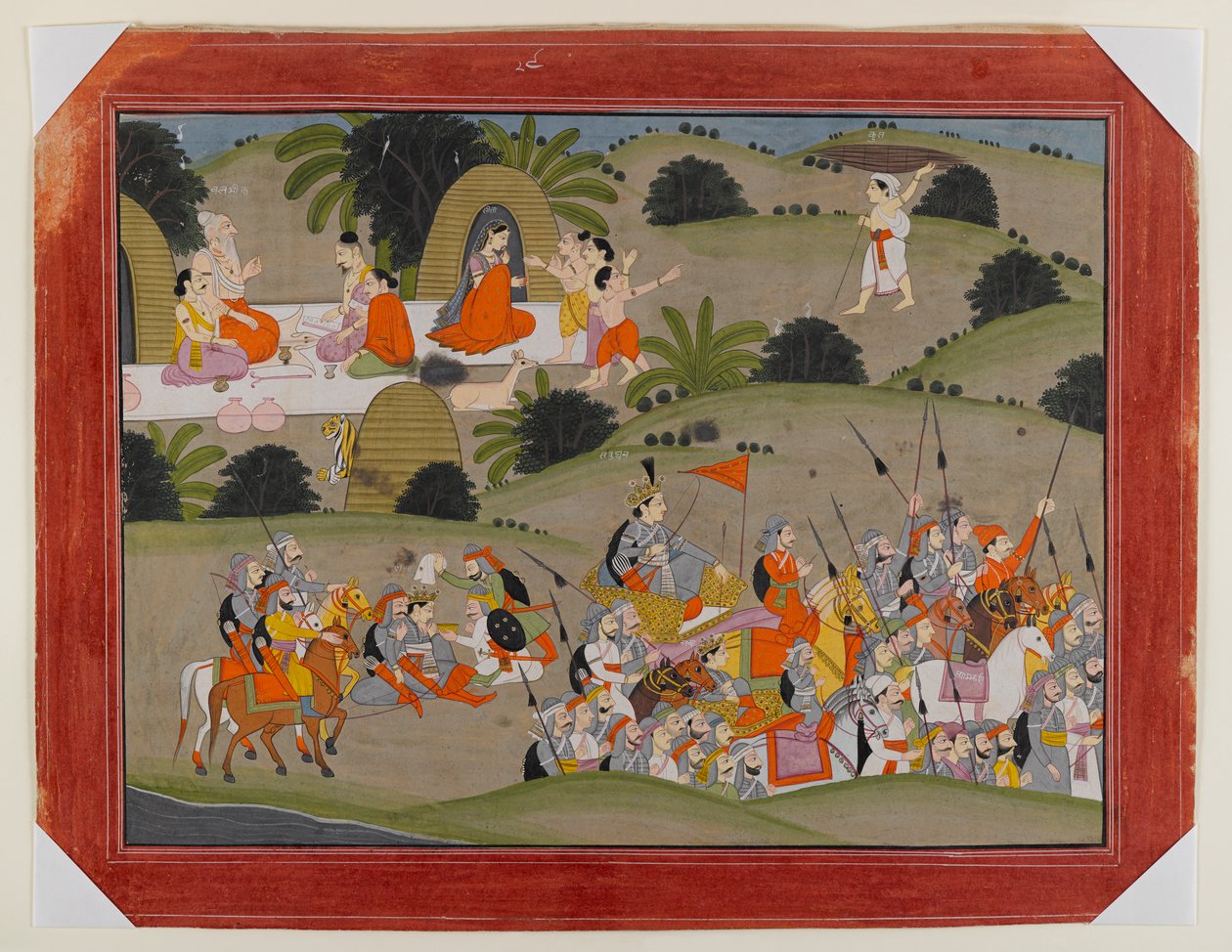 Valmiki inziva yeri yakınında Lava ve Ramas kardeş Shatrughna arasındaki savaş, Dağıtılmış Ramayana Serisinden bir Sayfa, c.1820 (kağıt üzerinde opak wc ve altın) by Indian School