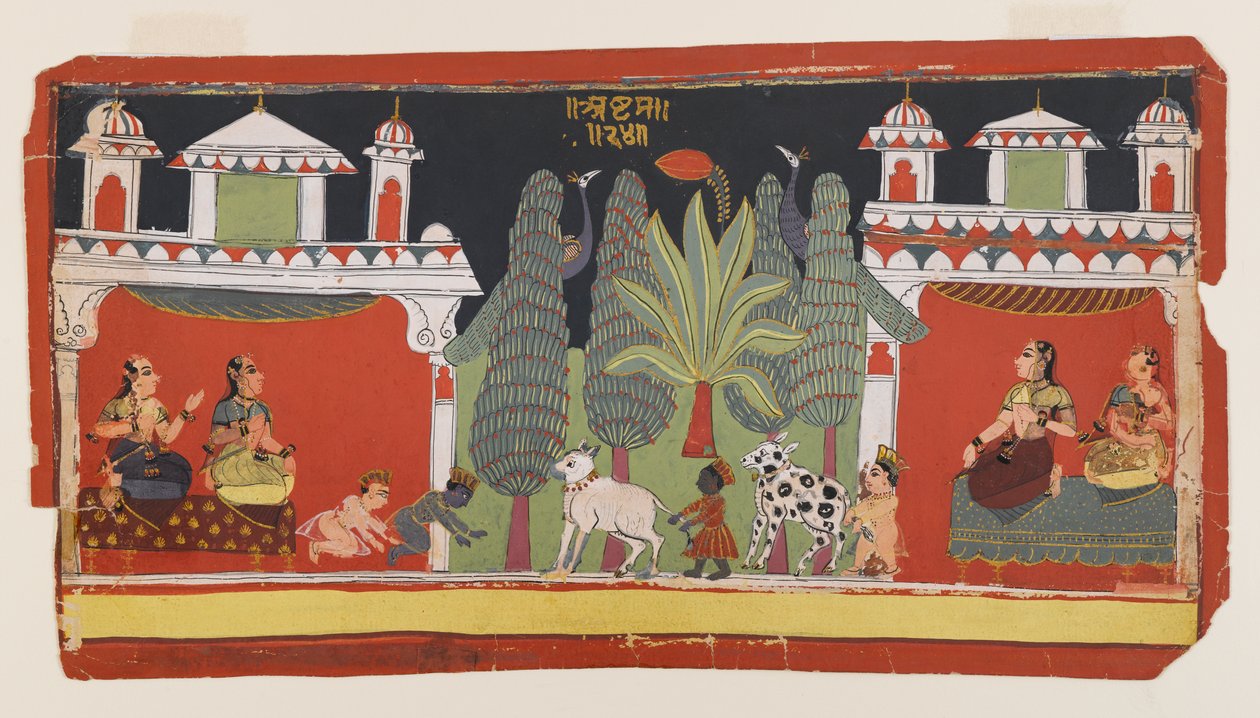 Çocuklar olarak Krishna ve Balarama, c.1690 (kağıt üzerinde opak wc ve altın) by Indian School