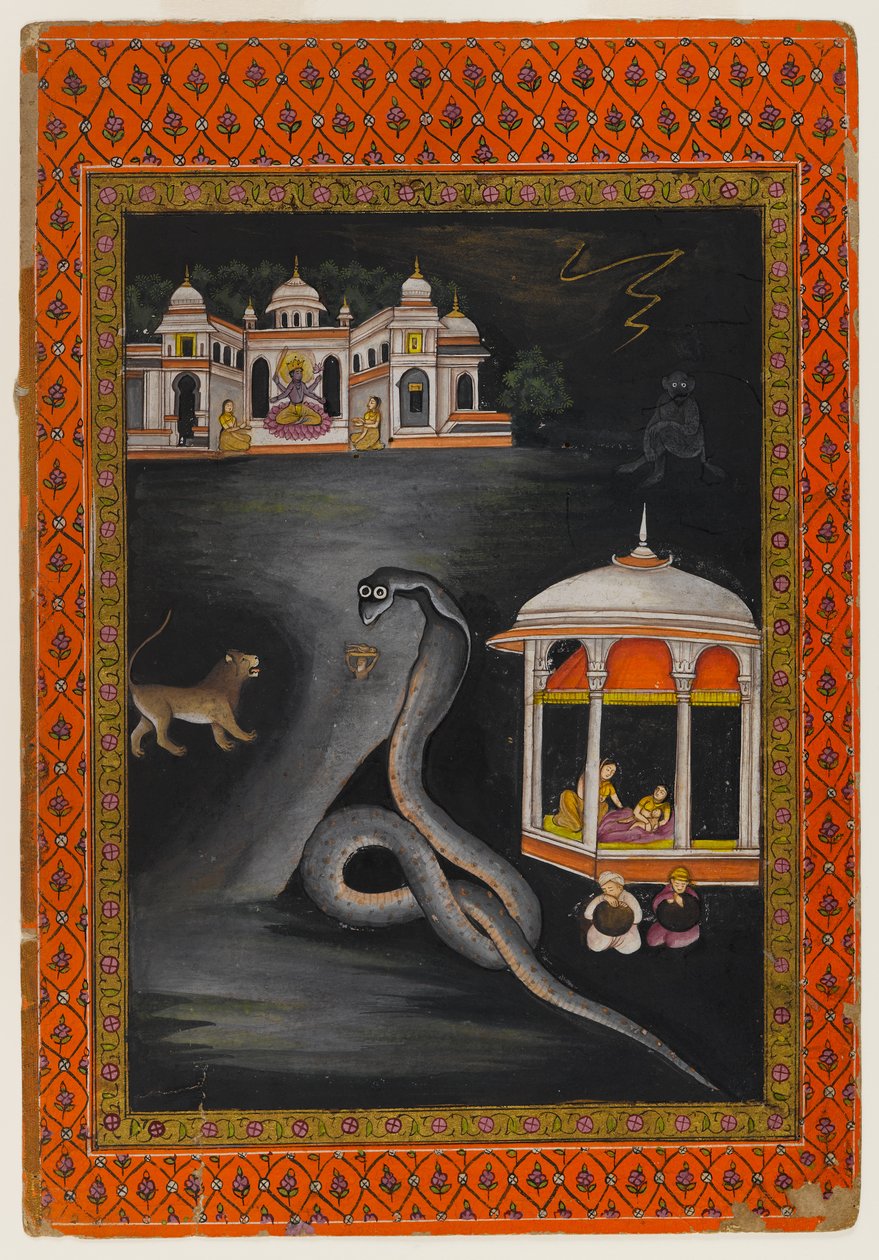Krishna, 19. yüzyılın ilk yarısında nehrin karşısına taşındı (kağıt üzerinde wc ve altın) by Indian School