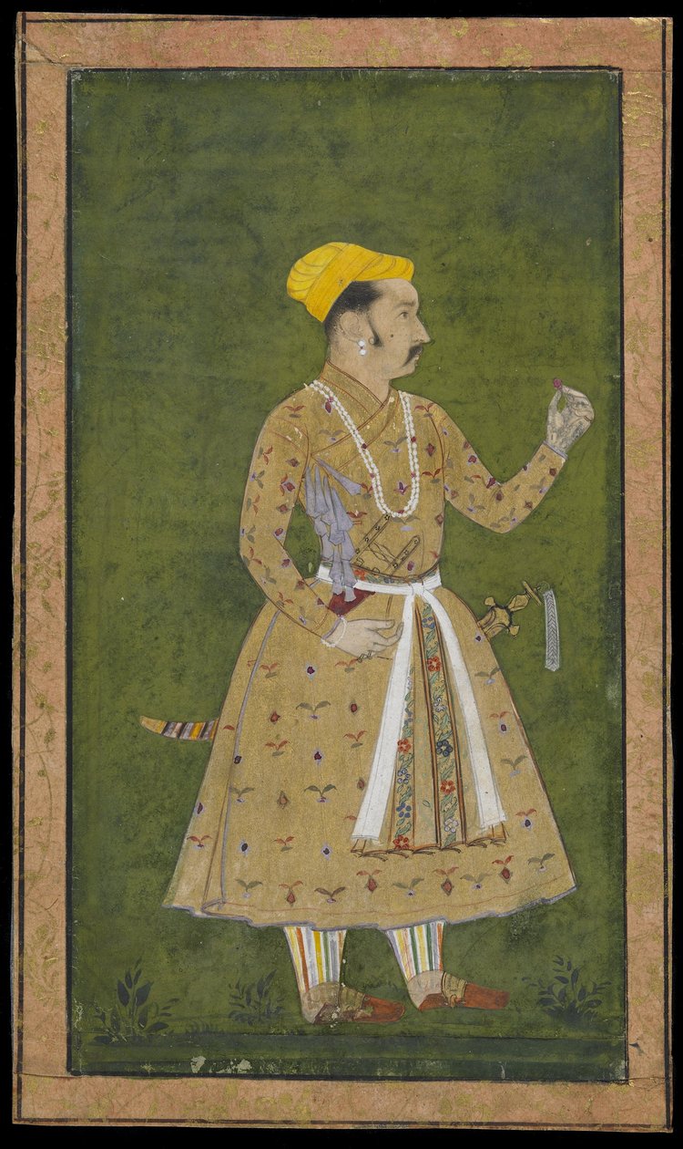 Bir çiçek tutan prens, resimli müstakil albüm folyosu, c.1740 (kağıt üzerinde opak suluboya ve altın) by Indian School