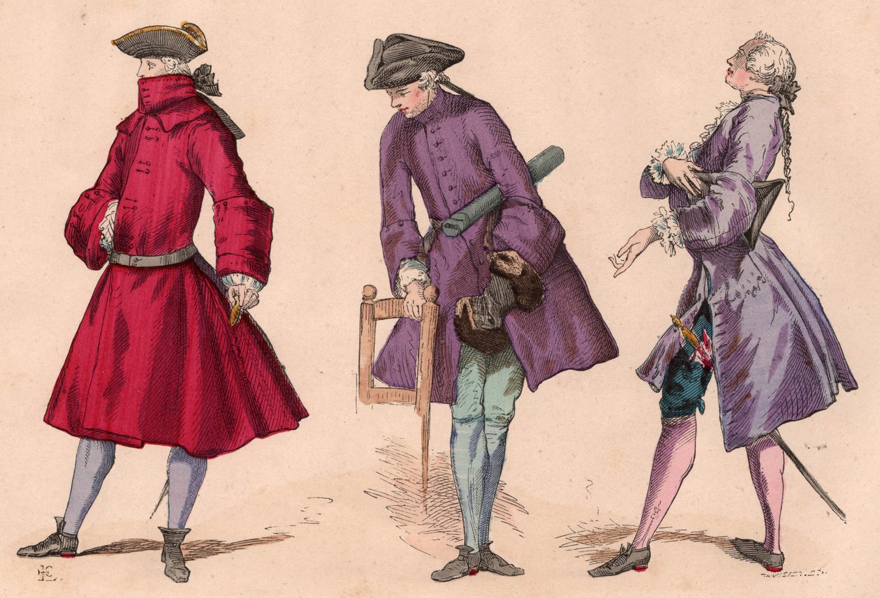 Bir burjuva elbisesi ve tören elbisesi de dahil olmak üzere, fraklı ve tricorn şapkalı on sekizinci yüzyıl kostümlü üç adam (renkli gravür) by Unknown