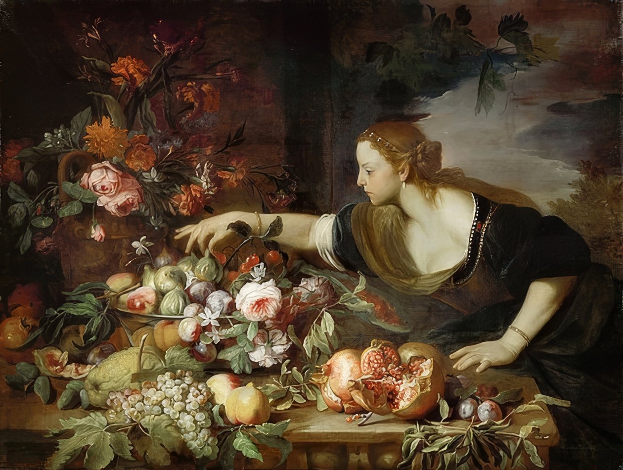 Çiçek ve meyve olan kadın. 1669 by Abraham Brueghel