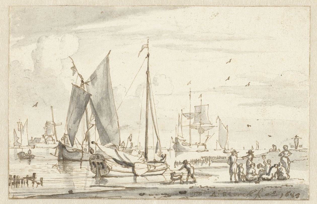 Bazı gemilerle nehir kıyısı by Abraham Storck