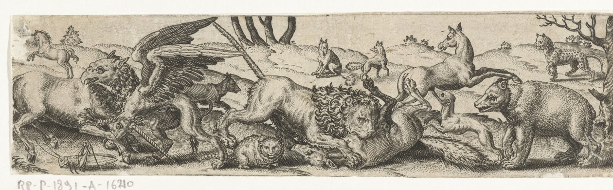 Bir manzarada hayvanlarla savaşmak. by Abraham de Bruyn