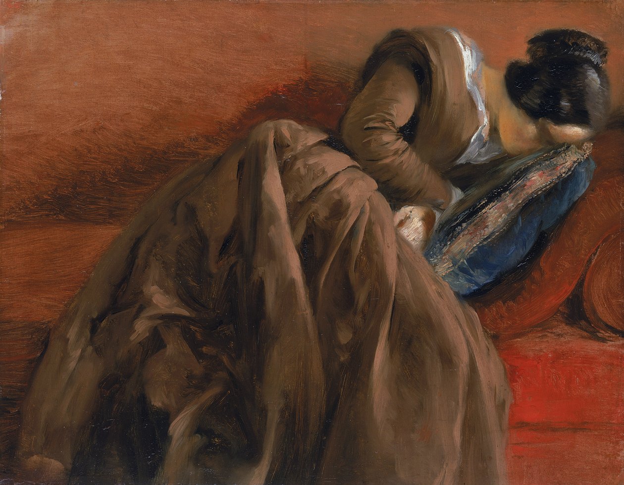 Emilie, Sanatçının Kız Kardeşi, Uykuda, c.1848 (tuval üzerine monte edilmiş kağıt üzerine yağlı boya) by Adolph Menzel