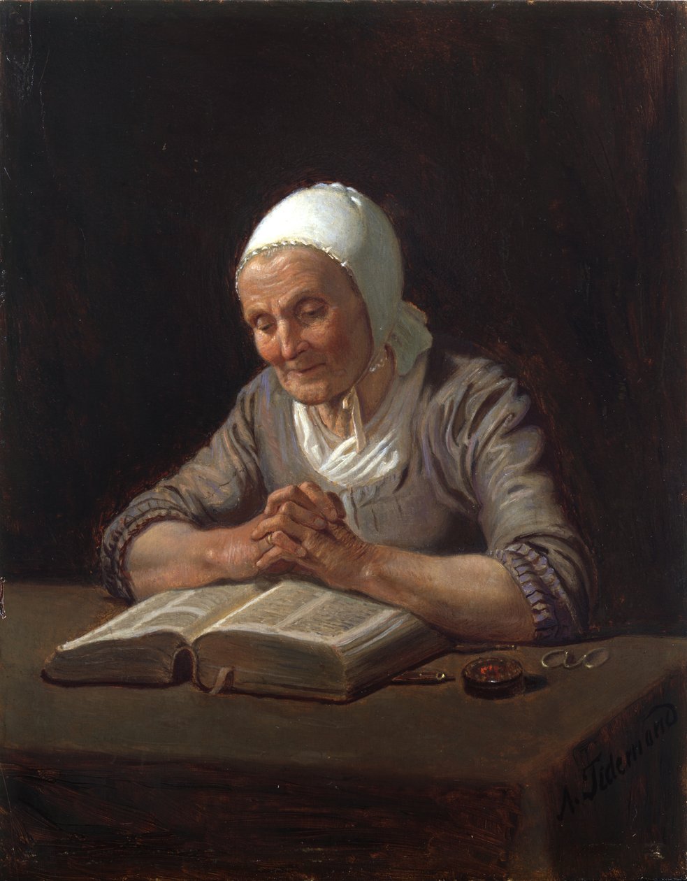 Yaşlı kadın okuma (panelde yağ) by Adolph Tidemand
