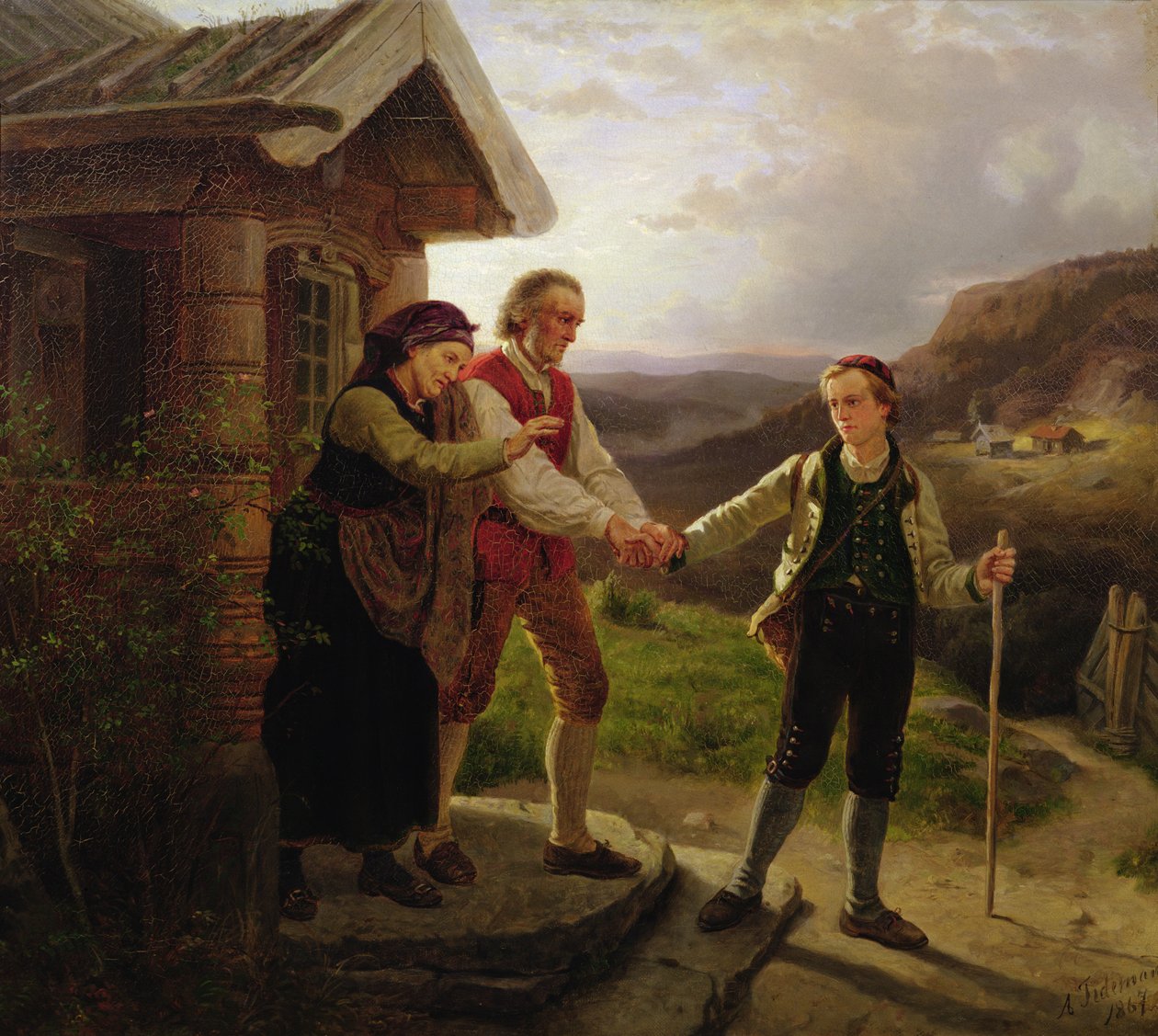 En küçük oğlunun vedası by Adolph Tidemand