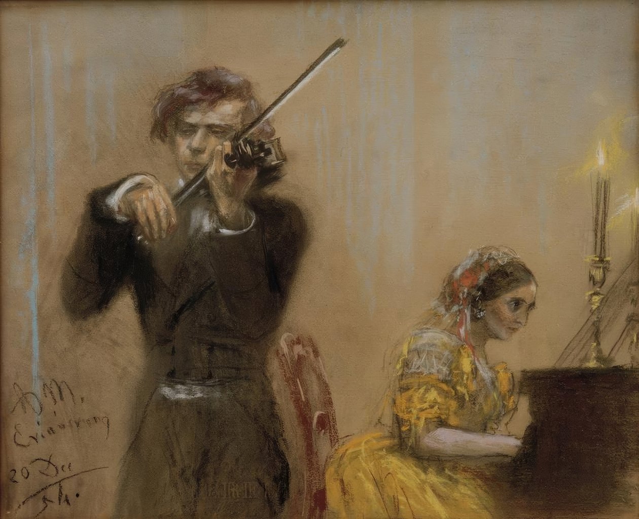 Clara Schumann ve Joseph Joachim müzik yapıyor by Adolph Menzel