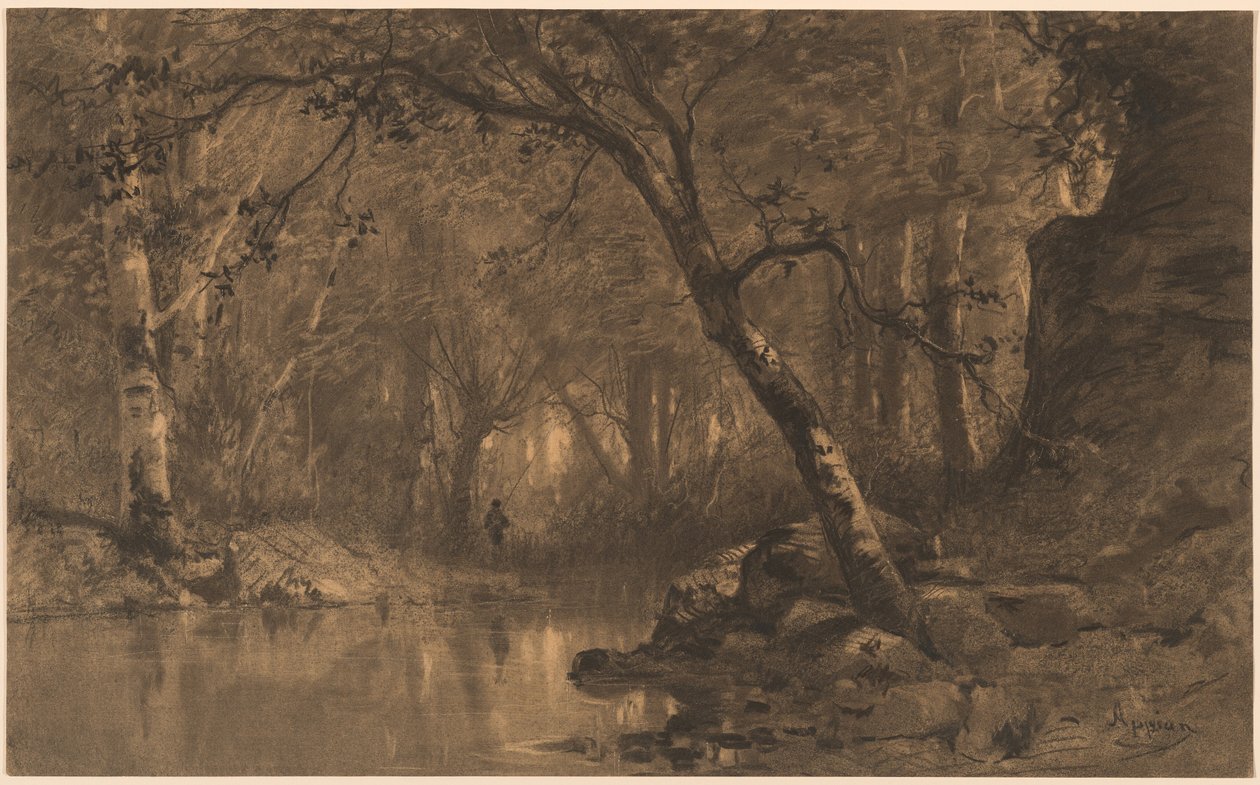 Bir Balıkçı ile Bir Woodland Nehri by Adolphe Appian