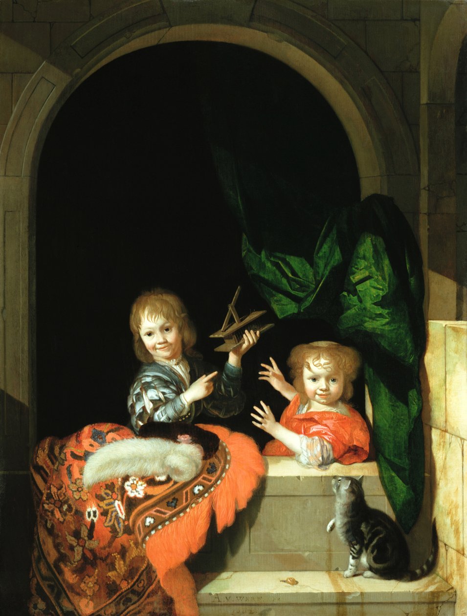 İki çocuğu izleyen bir kedi by Adriaan van der Werff