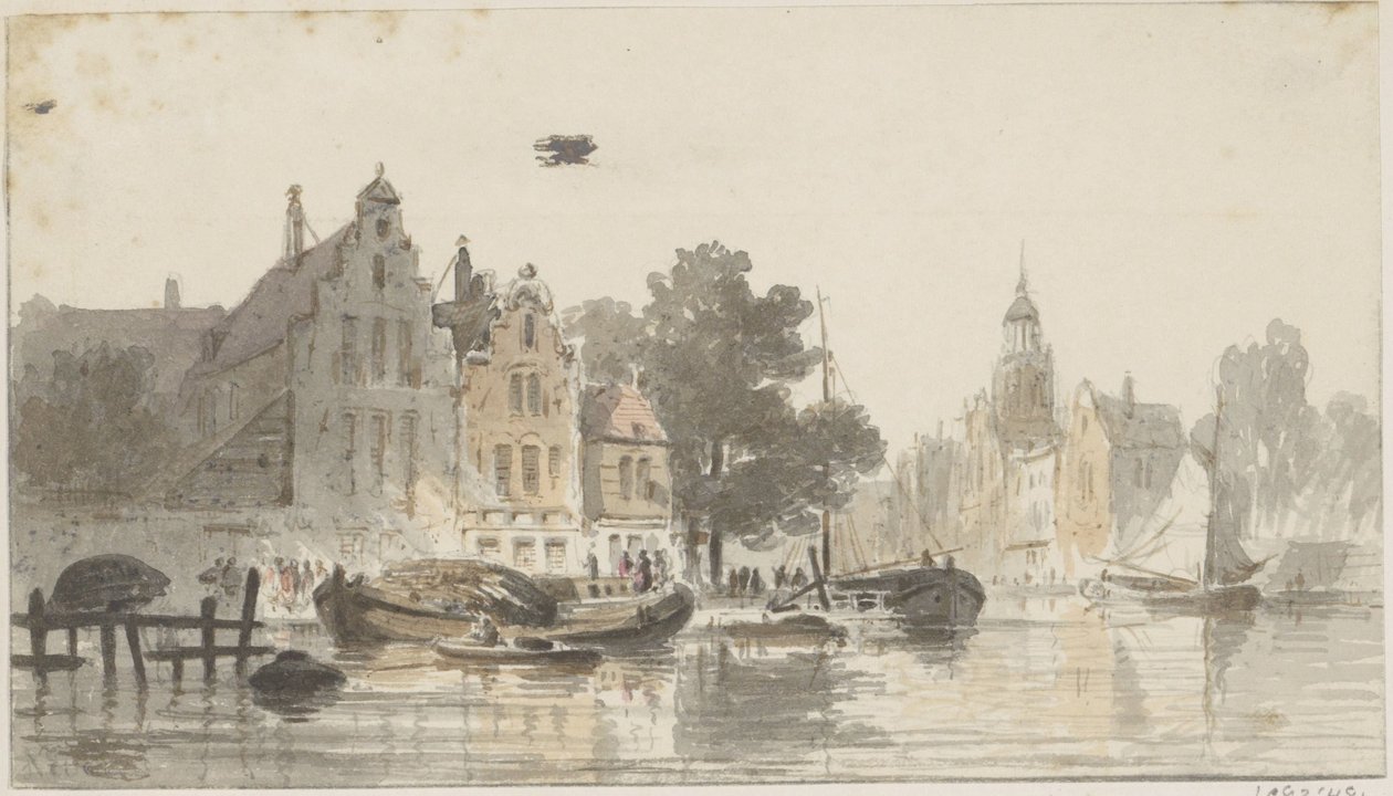 Kanal ile şehir manzarası by Adrianus Eversen