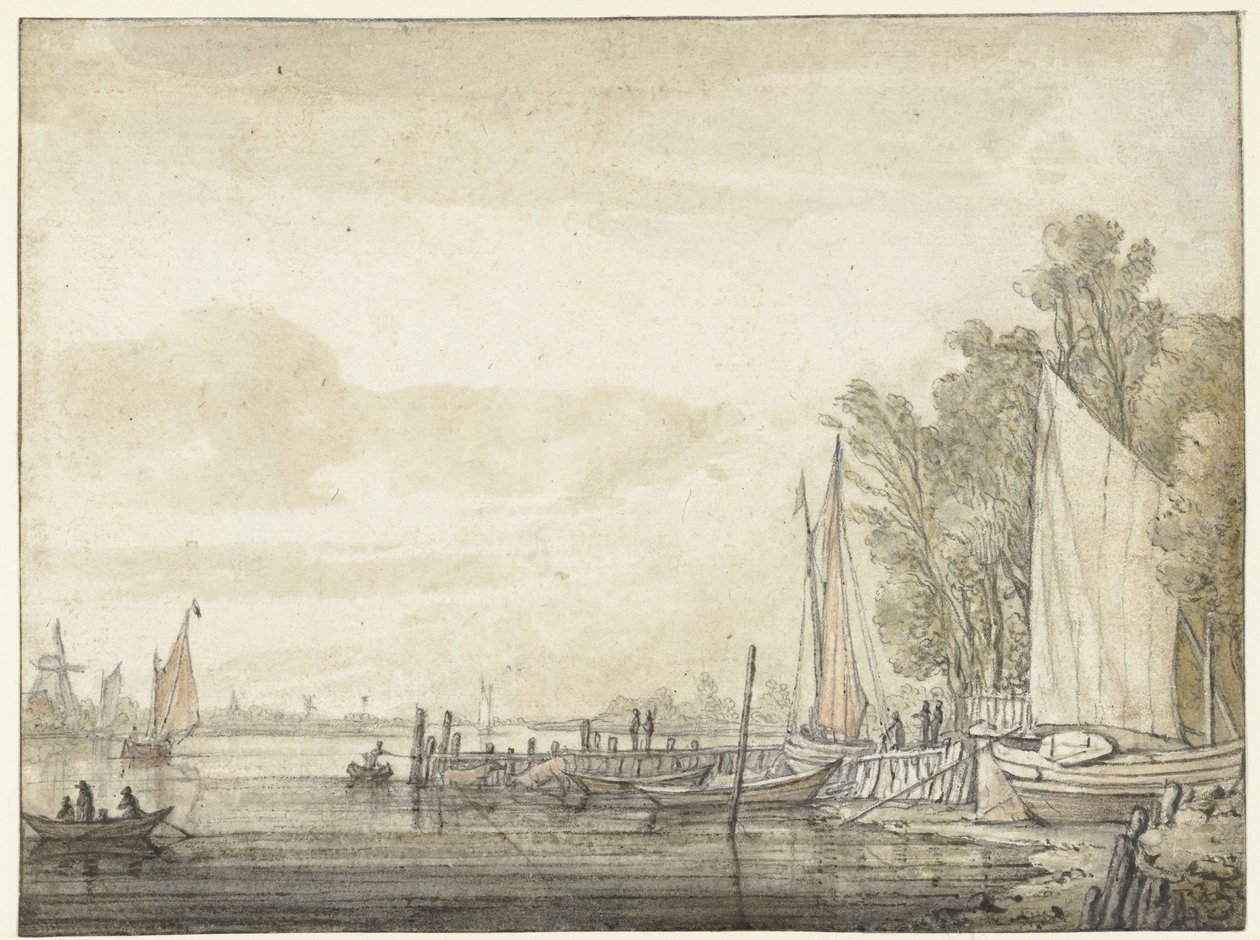 Nehirde bir iskelede tekneler by Aelbert Cuyp