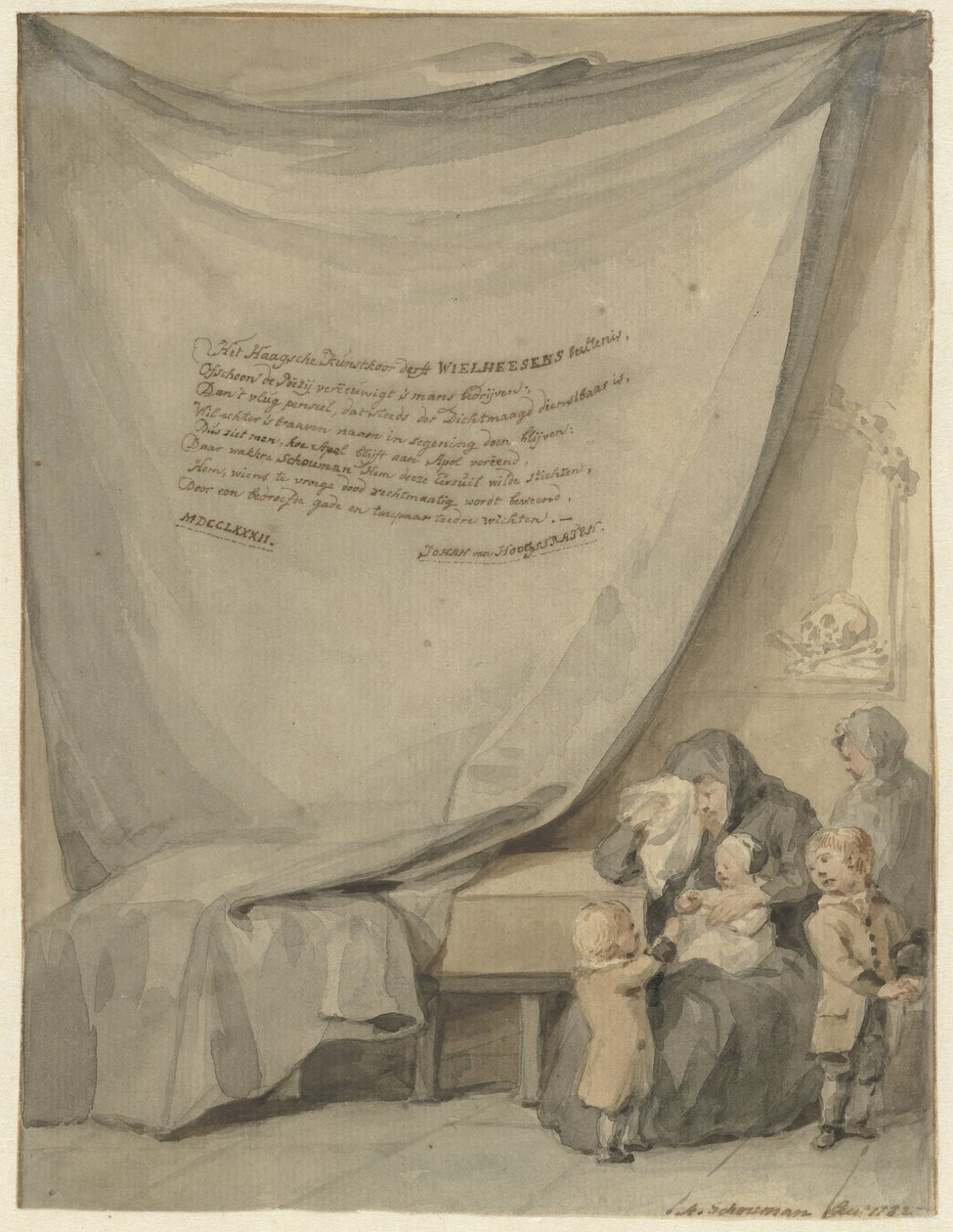 Bir tabutun yanında dört çocuklu dul by Aert Schouman