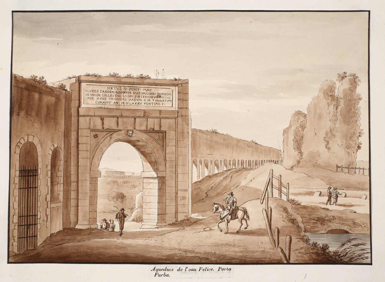 Acqua Felice ve Porta Furba, 1833 (kahverengi yıkama ile aşındırma) by Agostino Tofanelli