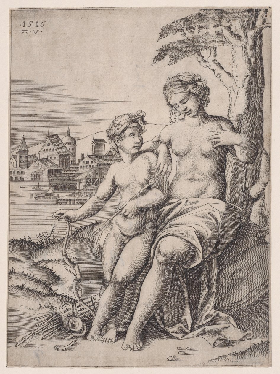 1516 tarihli Venüs ve Eros. by Agostino Veneziano
