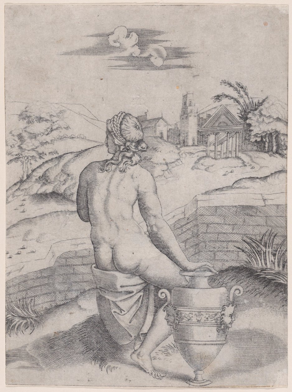Vazonun Yanında Oturan Kadın, yak. 1514-36. by Agostino Veneziano