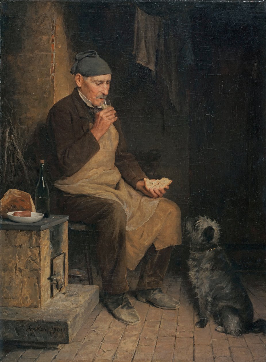 Yaşlı adam öğlen atıştırmalığında by Albert Anker