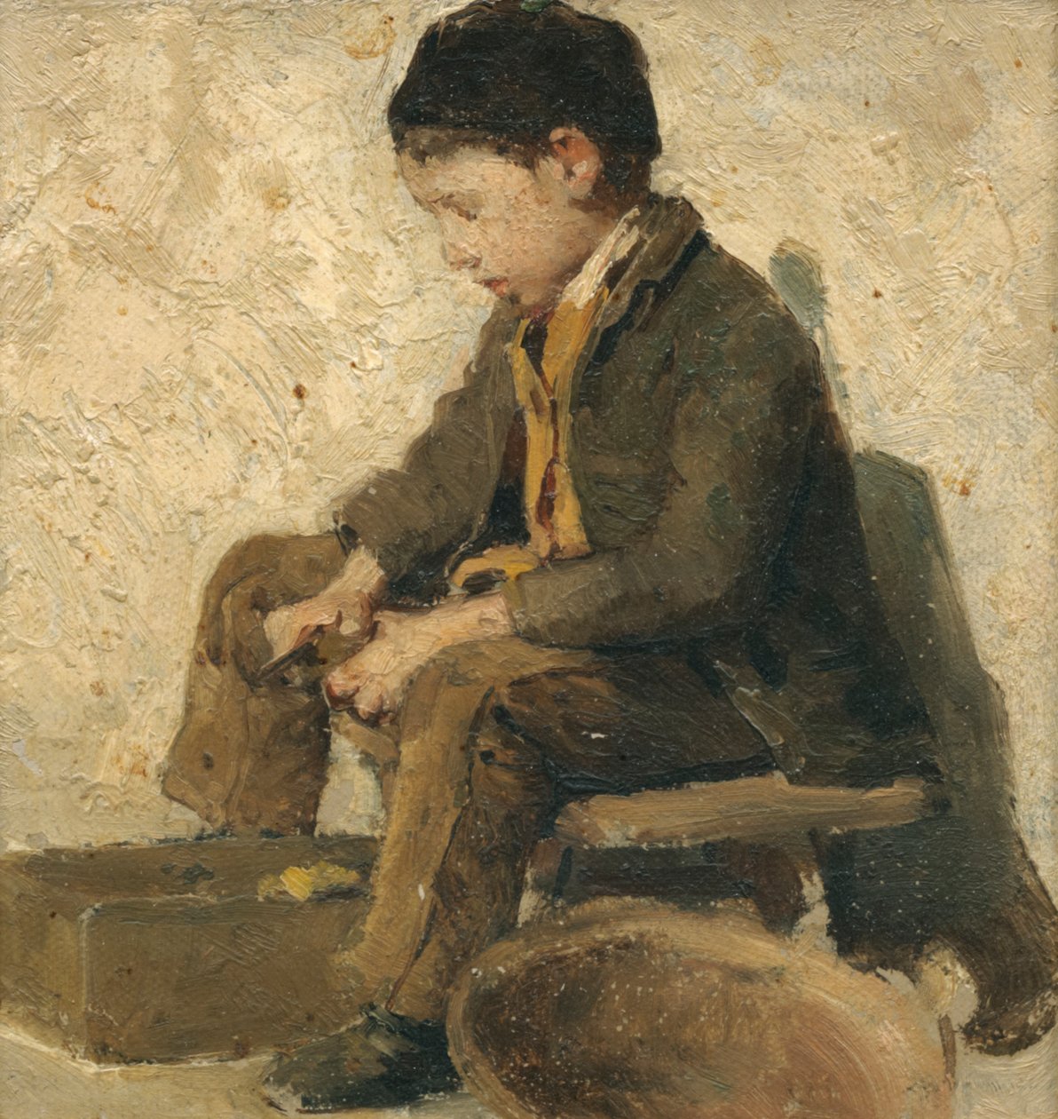 Oturan çocuk, sebze hazırlıyor by Albert Anker