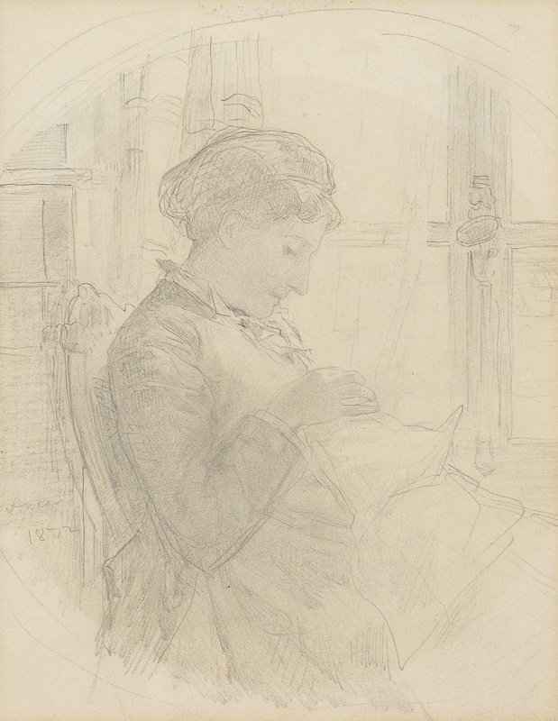 Pencere önünde örgü ören kadın by Albert Anker