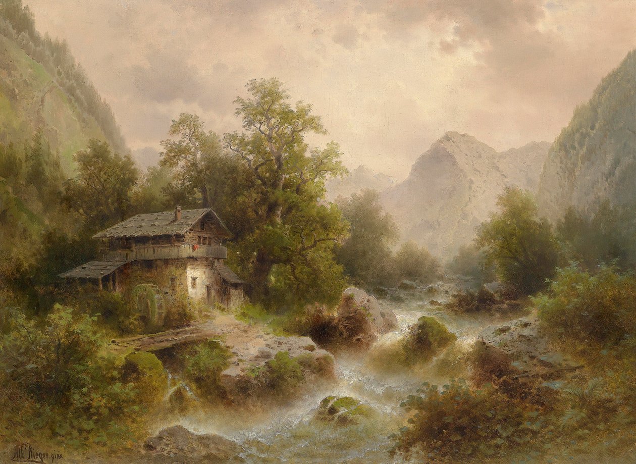 Dağ dere üzerinde değirmen by Albert Rieger