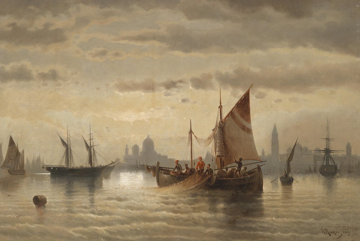 Venedik önünde yelkenli gemiler by Albert Rieger