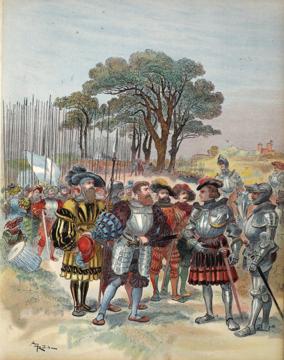 İsviçreliler maaşlarını Bicocca'da talep ediyor, George G. Toudouze tarafından yazılan 'Francois Ier: Le Roi Chevalier, pub. 1909 by Albert Robida