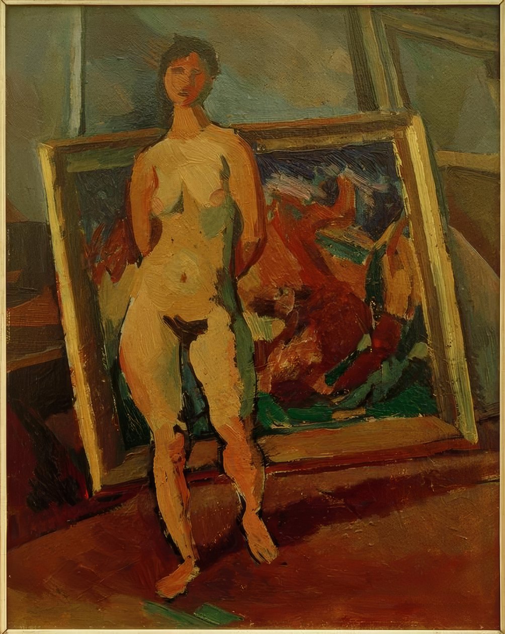 Stüdyoda Kadın Çıplak (Striding Female Nude) by Albert Weisgerber