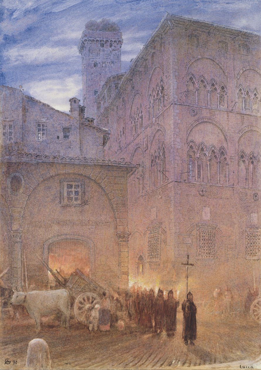 Lucca; Toskana; dini alayı; araba; inek; by Albert Goodwin