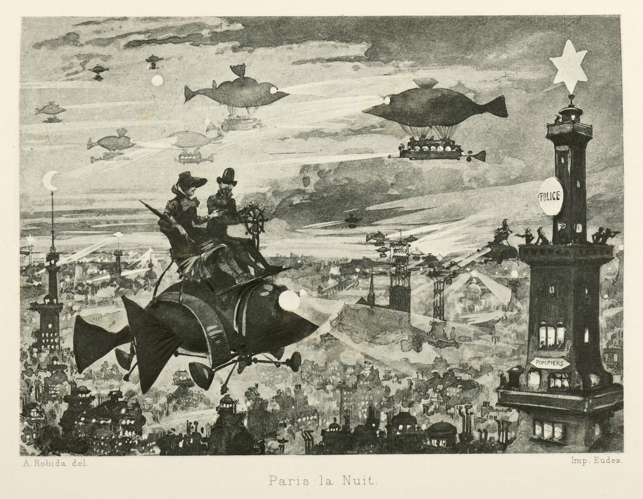 Gece Paris, yirminci yüzyıl, 1880. by Albert Robida