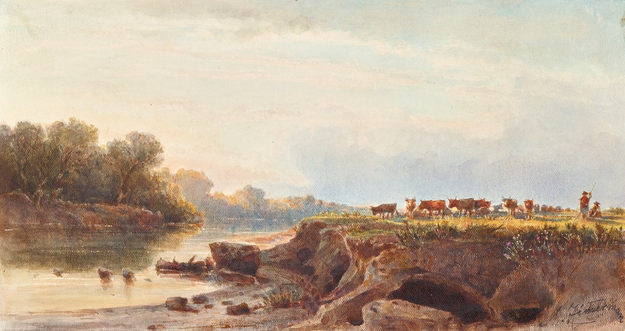 İnek sürüsü, nehir manzarası by Albert Zimmermann