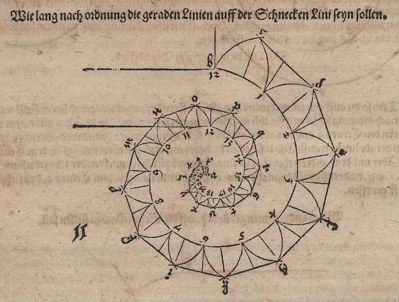 Teğet bir spiralin bağlı sivri uçlarının uzunluklarının belirlenmesi by Albrecht Dürer
