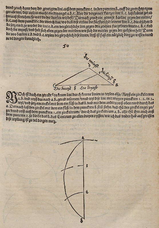 Bir doğrunun diğer iki doğru tarafından verilen oranda bölünmesi ve onu üçe bölmeye çalışmak by Albrecht Dürer