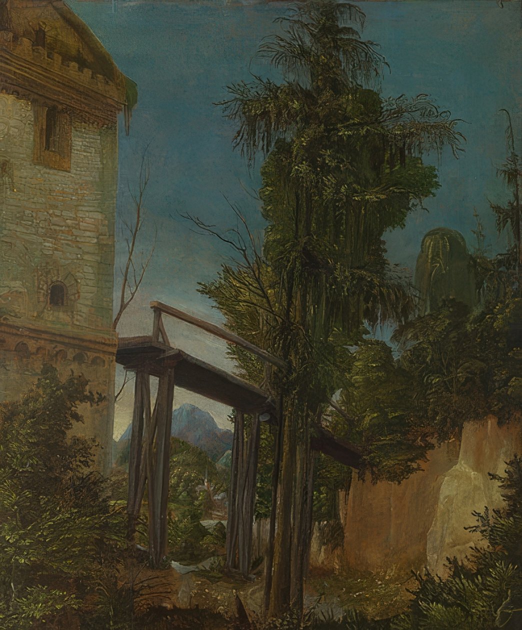 Bir yaya köprüsü ile manzara. 1518-20 civarında by Albrecht Altdorfer