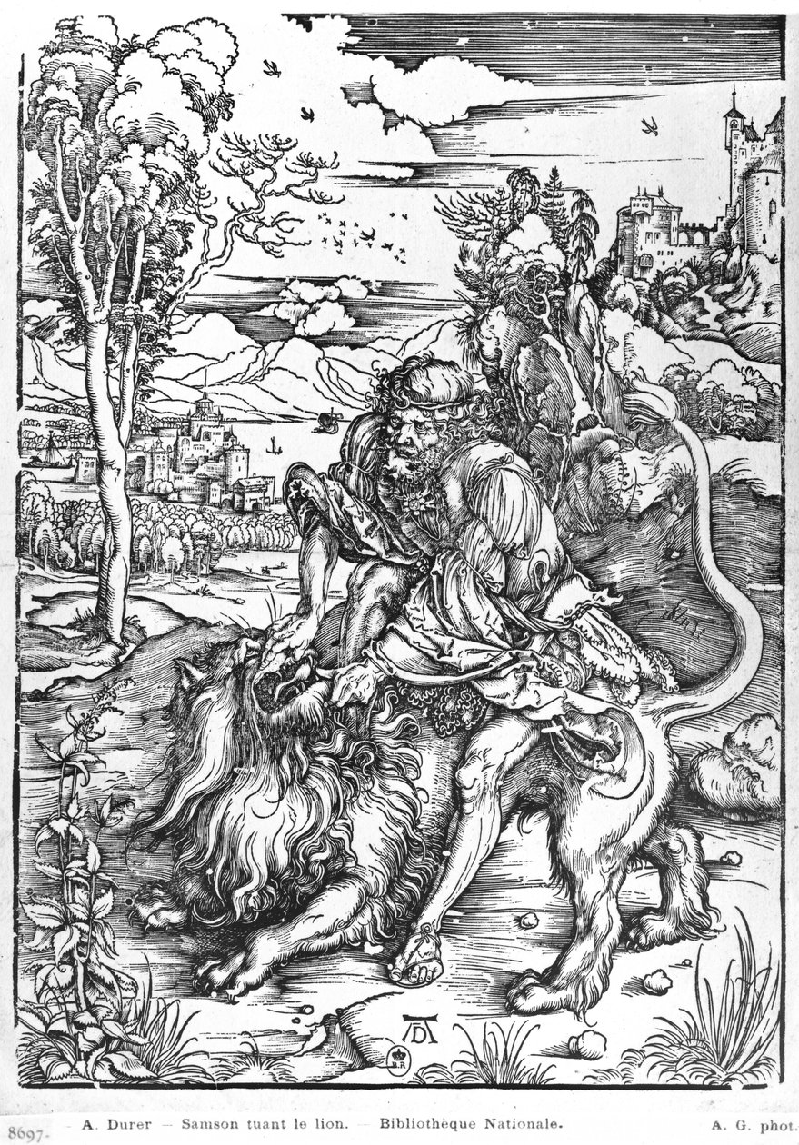 Samson aslanı öldürüyor, c.1496-98 by Albrecht Dürer