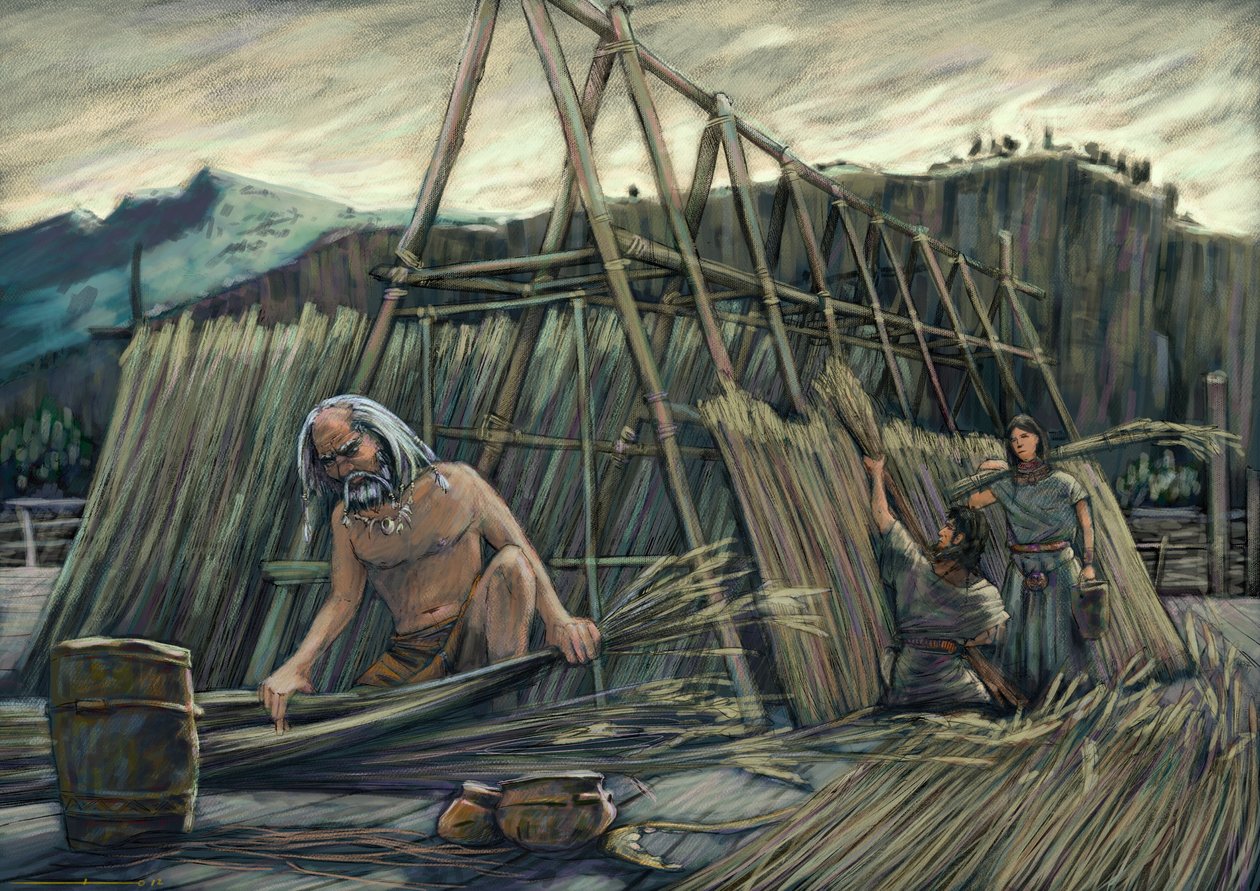 Palafitte evlerin inşaatı, tarih öncesi evler. by Alessandro Lonati