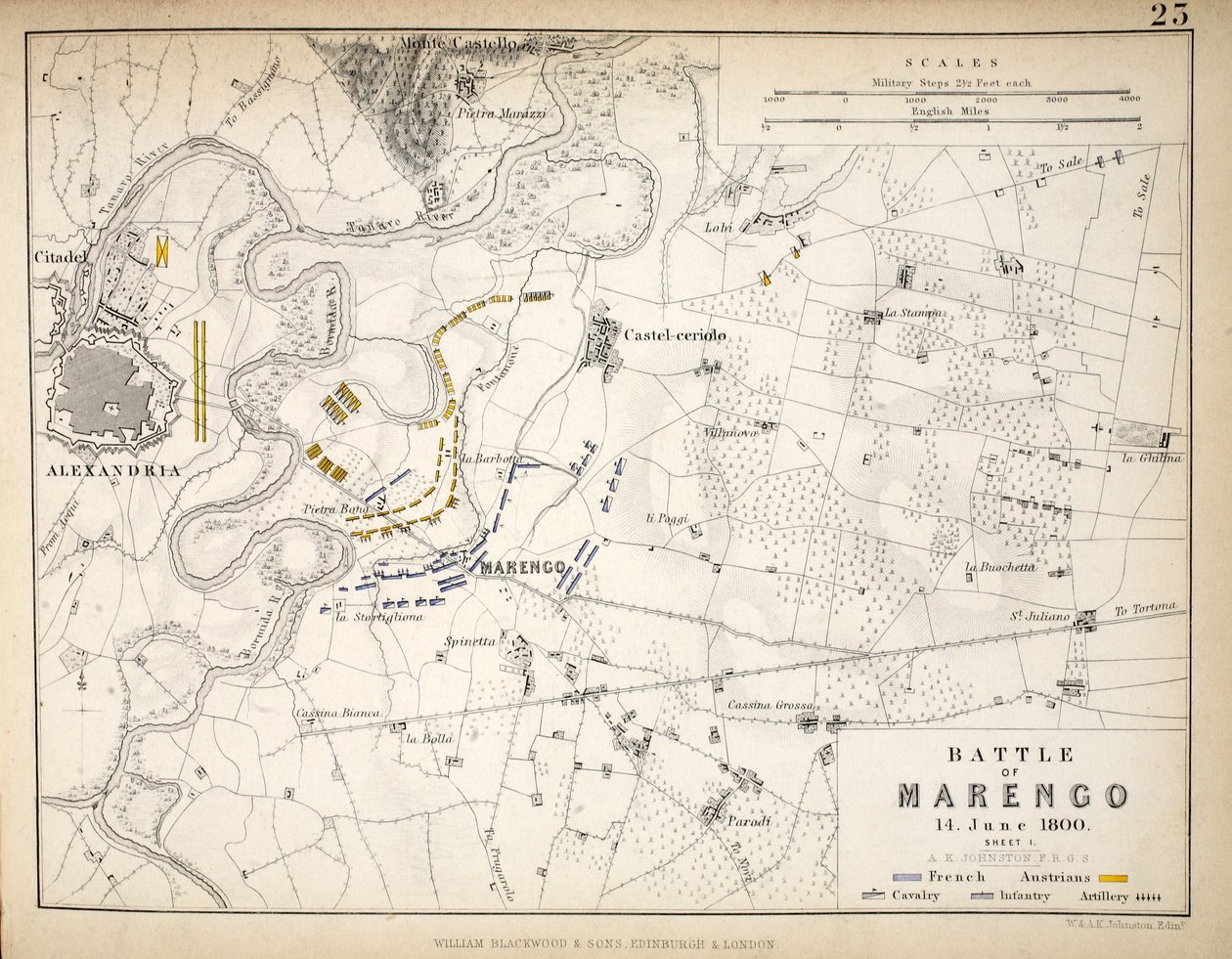 William Blackwood and Sons tarafından yayınlanan Marengo Savaşı Haritası, Edinburgh und London, 1848 (el renkli gravür) by Alexander Keith Johnston