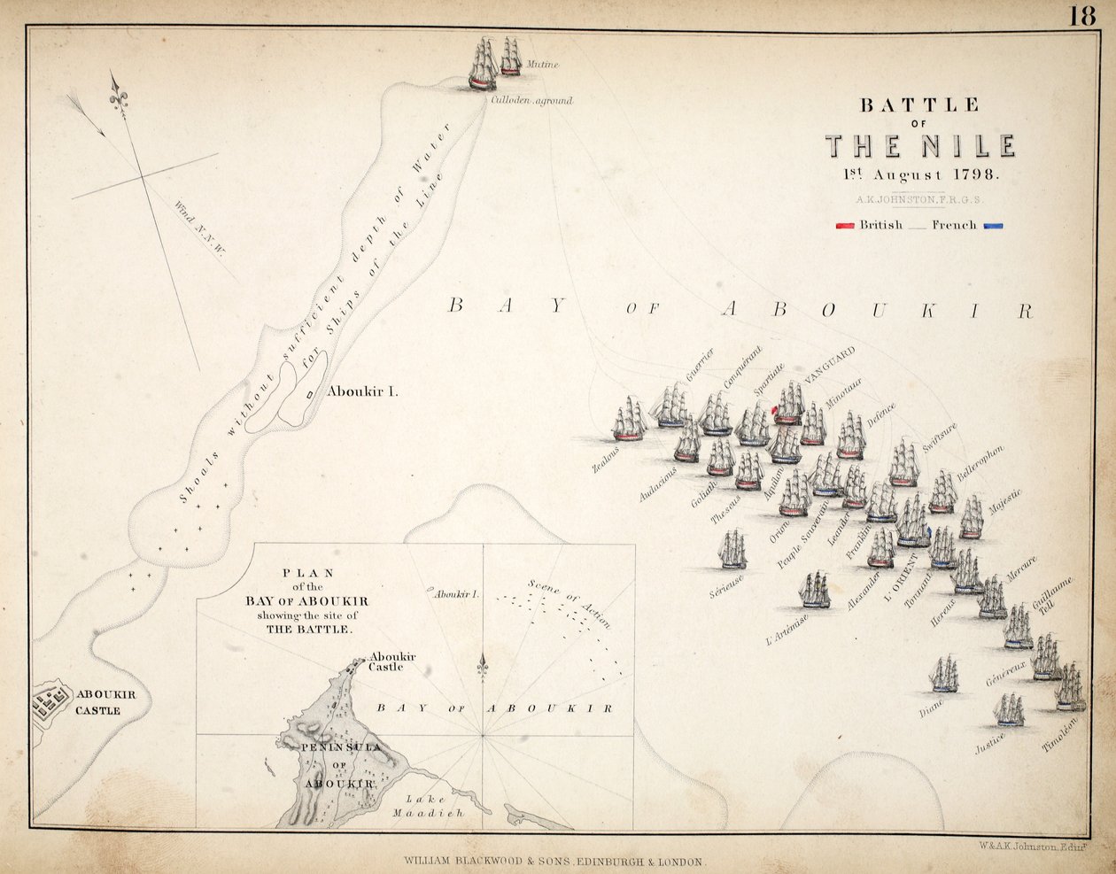 William Blackwood and Sons tarafından yayınlanan Nil Savaşı Haritası, Edinburgh und London, 1848 (el renkli gravür) by Alexander Keith Johnston