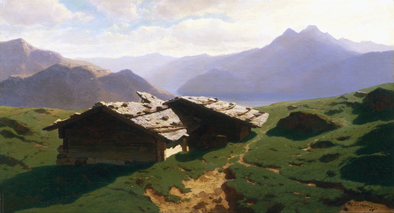Chalets à Rigi Chalets at Rigi etiketinde by Alexandre Calame