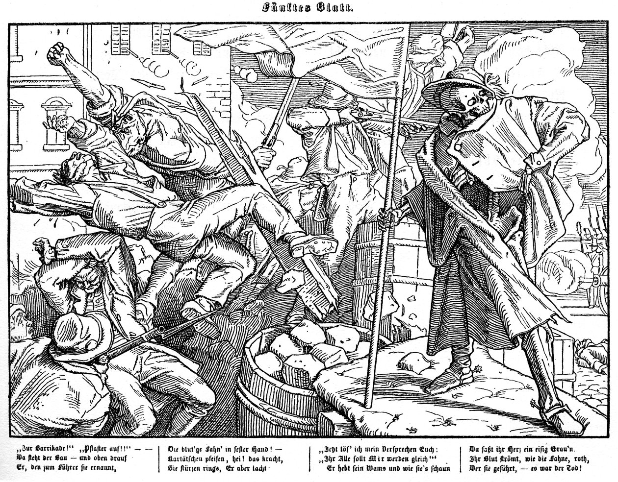 Totentanz 1848: Ölüm, devrimci vatandaşlara öncülük ediyor by Alfred Rethel